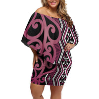 Maori Taniko Patterns Family Matching Off Shoulder Short Dress and Hawaiian Shirt Pink Patiki Motifs Mix Whakairo Ngaru LT7 Mom's Dress Pink - Polynesian Pride