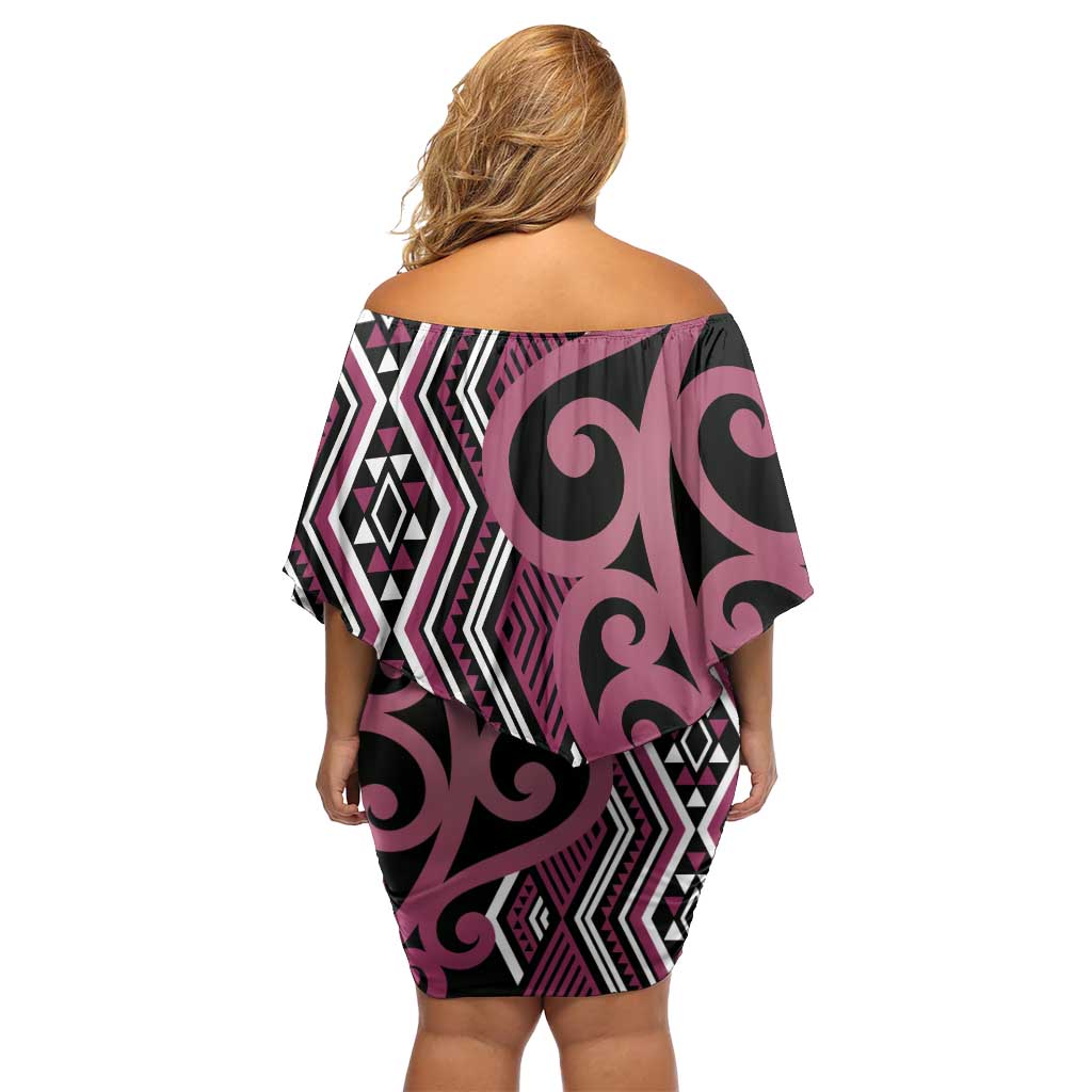 Maori Taniko Patterns Family Matching Off Shoulder Short Dress and Hawaiian Shirt Pink Patiki Motifs Mix Whakairo Ngaru LT7 - Polynesian Pride