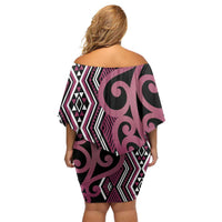 Maori Taniko Patterns Family Matching Off Shoulder Short Dress and Hawaiian Shirt Pink Patiki Motifs Mix Whakairo Ngaru LT7 - Polynesian Pride