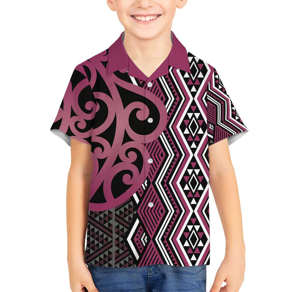 Maori Taniko Patterns Family Matching Off Shoulder Short Dress and Hawaiian Shirt Pink Patiki Motifs Mix Whakairo Ngaru LT7 Son's Shirt Pink - Polynesian Pride