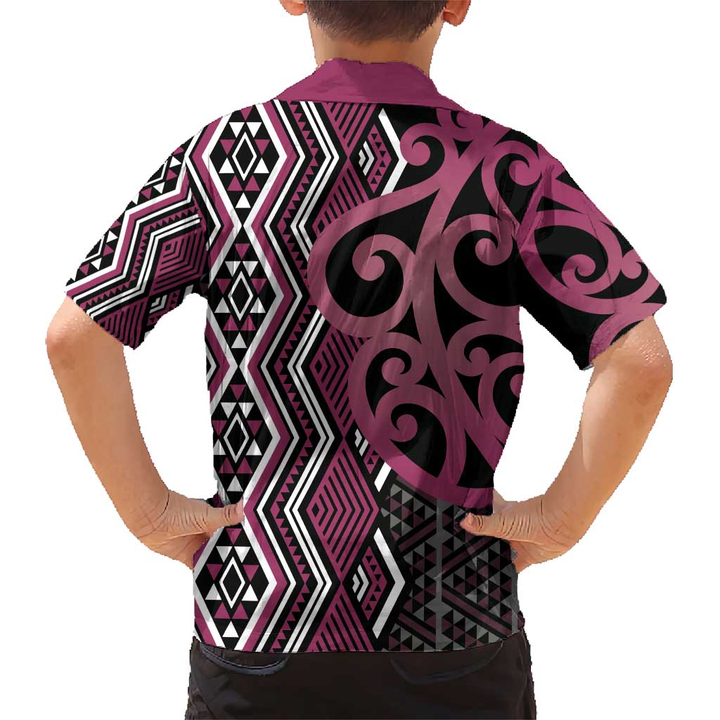 Maori Taniko Patterns Family Matching Short Sleeve Bodycon Dress and Hawaiian Shirt Pink Patiki Motifs Mix Whakairo Ngaru LT7 - Polynesian Pride