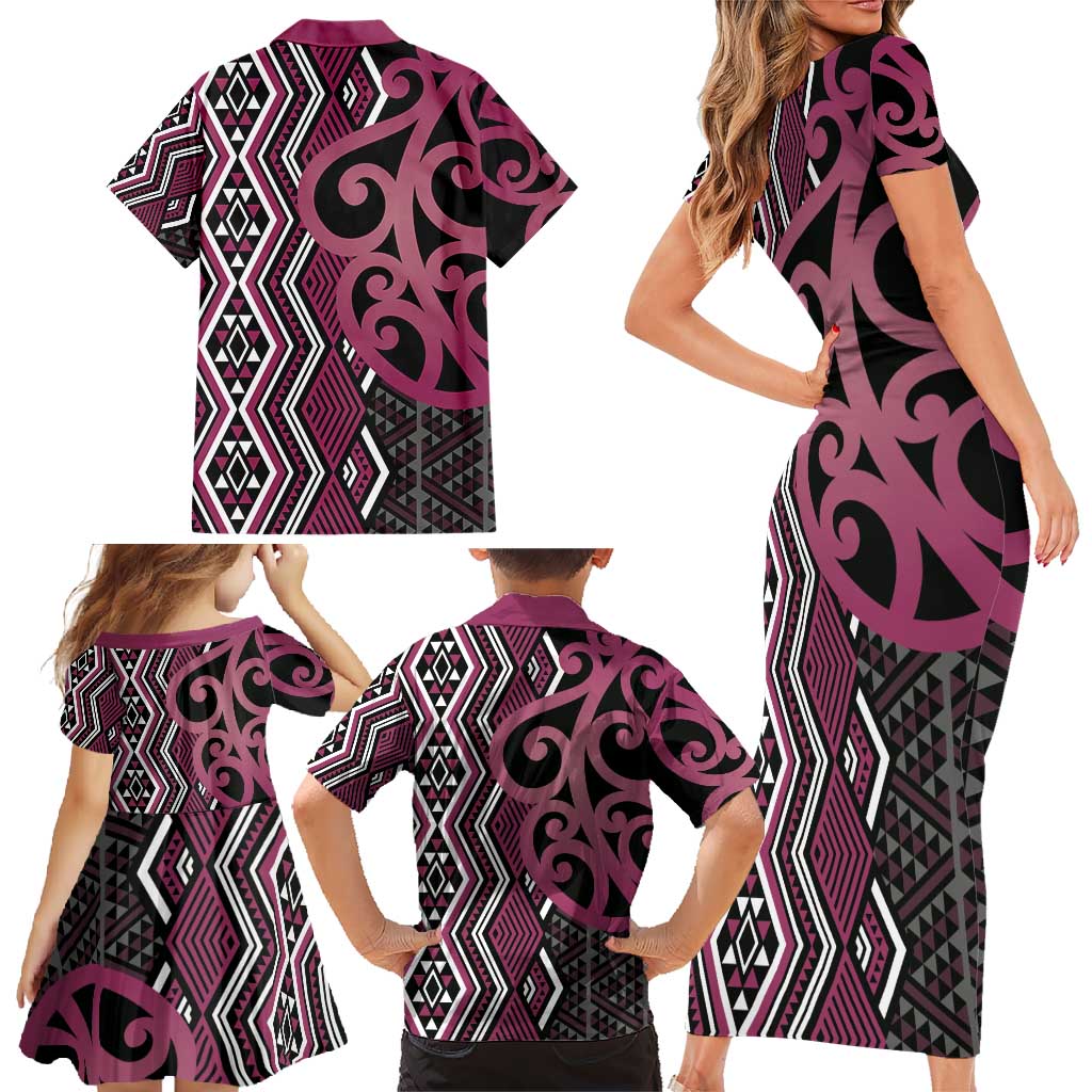 Maori Taniko Patterns Family Matching Short Sleeve Bodycon Dress and Hawaiian Shirt Pink Patiki Motifs Mix Whakairo Ngaru LT7 - Polynesian Pride