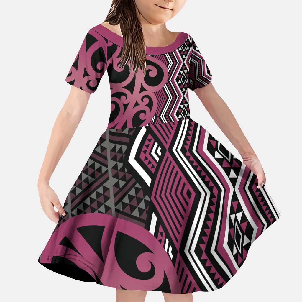 Maori Taniko Patterns Family Matching Summer Maxi Dress and Hawaiian Shirt Pink Patiki Motifs Mix Whakairo Ngaru LT7 Daughter's Dress Pink - Polynesian Pride