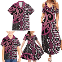 Maori Taniko Patterns Family Matching Summer Maxi Dress and Hawaiian Shirt Pink Patiki Motifs Mix Whakairo Ngaru LT7 - Polynesian Pride