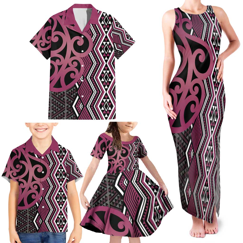 Maori Taniko Patterns Family Matching Tank Maxi Dress and Hawaiian Shirt Pink Patiki Motifs Mix Whakairo Ngaru LT7 - Polynesian Pride