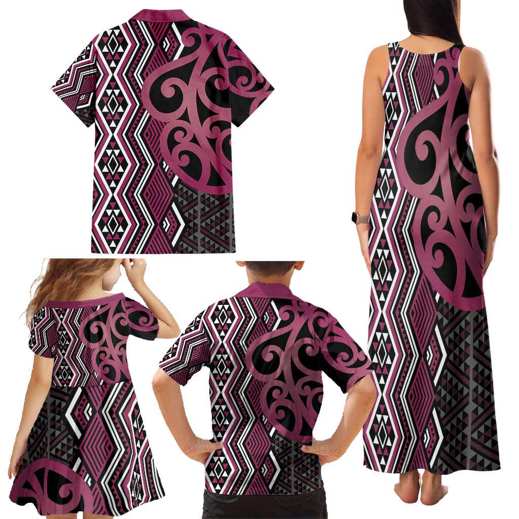 Maori Taniko Patterns Family Matching Tank Maxi Dress and Hawaiian Shirt Pink Patiki Motifs Mix Whakairo Ngaru LT7 - Polynesian Pride