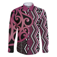 Maori Taniko Patterns Family Matching Tank Maxi Dress and Hawaiian Shirt Pink Patiki Motifs Mix Whakairo Ngaru LT7 Dad's Shirt - Long Sleeve Pink - Polynesian Pride