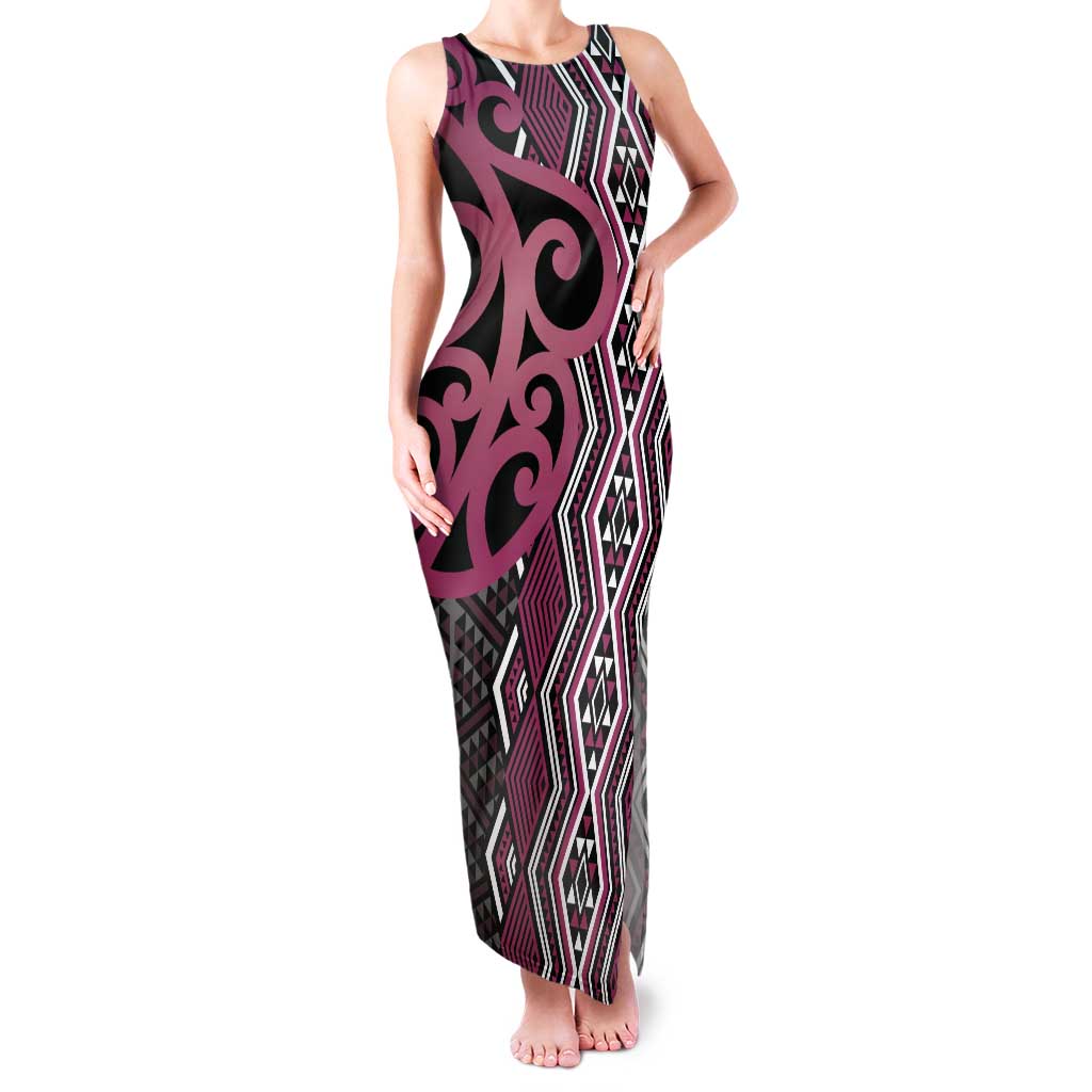 Maori Taniko Patterns Family Matching Tank Maxi Dress and Hawaiian Shirt Pink Patiki Motifs Mix Whakairo Ngaru LT7 Mom's Dress Pink - Polynesian Pride