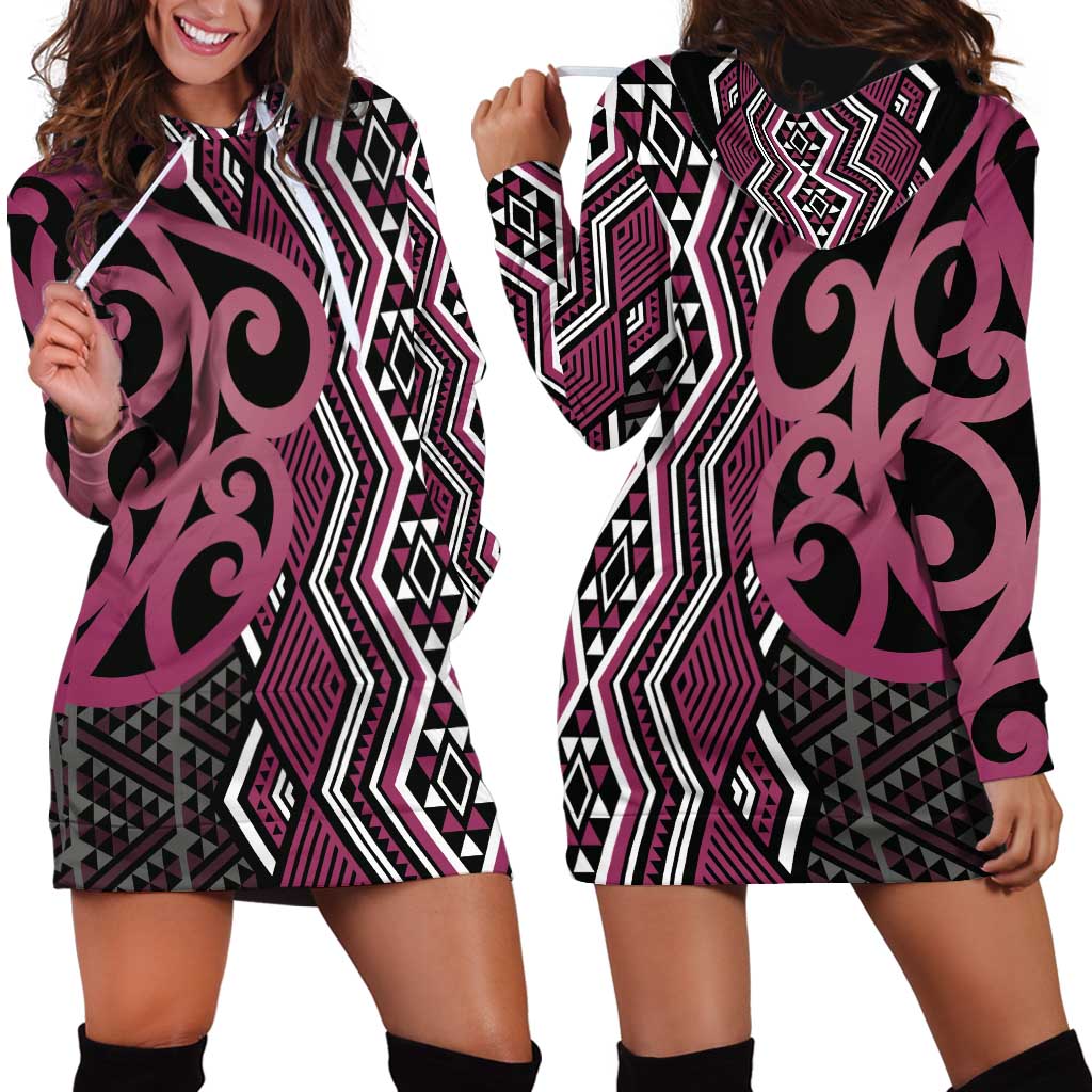 Maori Taniko Patterns Hoodie Dress Pink Patiki Motifs Mix Whakairo Ngaru LT7 - Polynesian Pride