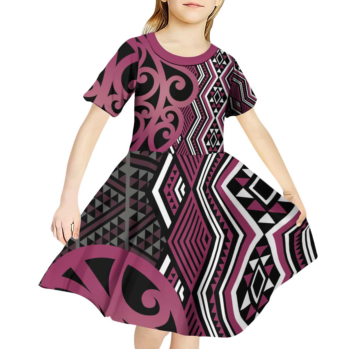 Maori Taniko Patterns Kid Short Sleeve Dress Pink Patiki Motifs Mix Whakairo Ngaru LT7 - Polynesian Pride
