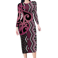 Maori Taniko Patterns Long Sleeve Bodycon Dress Pink Patiki Motifs Mix Whakairo Ngaru LT7 Long Dress Pink - Polynesian Pride