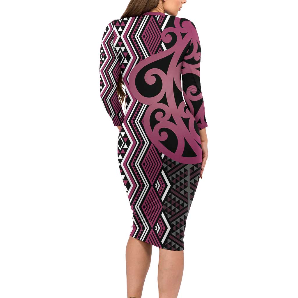 Maori Taniko Patterns Long Sleeve Bodycon Dress Pink Patiki Motifs Mix Whakairo Ngaru LT7 - Polynesian Pride