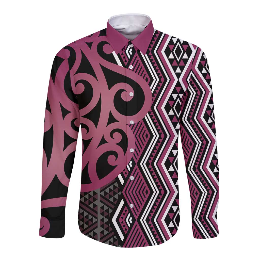 Maori Taniko Patterns Long Sleeve Button Shirt Pink Patiki Motifs Mix Whakairo Ngaru