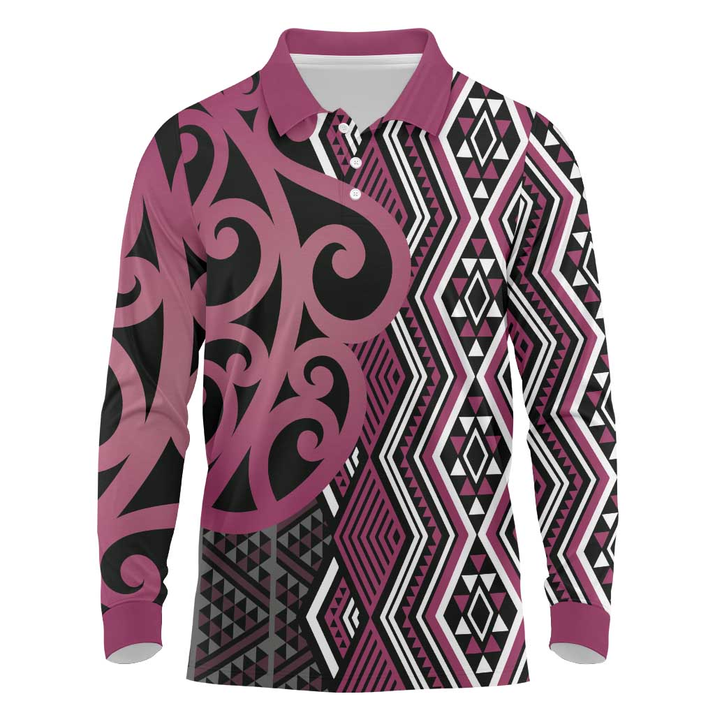Maori Taniko Patterns Long Sleeve Polo Shirt Pink Patiki Motifs Mix Whakairo Ngaru LT7 Pink - Polynesian Pride