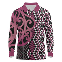 Maori Taniko Patterns Long Sleeve Polo Shirt Pink Patiki Motifs Mix Whakairo Ngaru LT7 Pink - Polynesian Pride