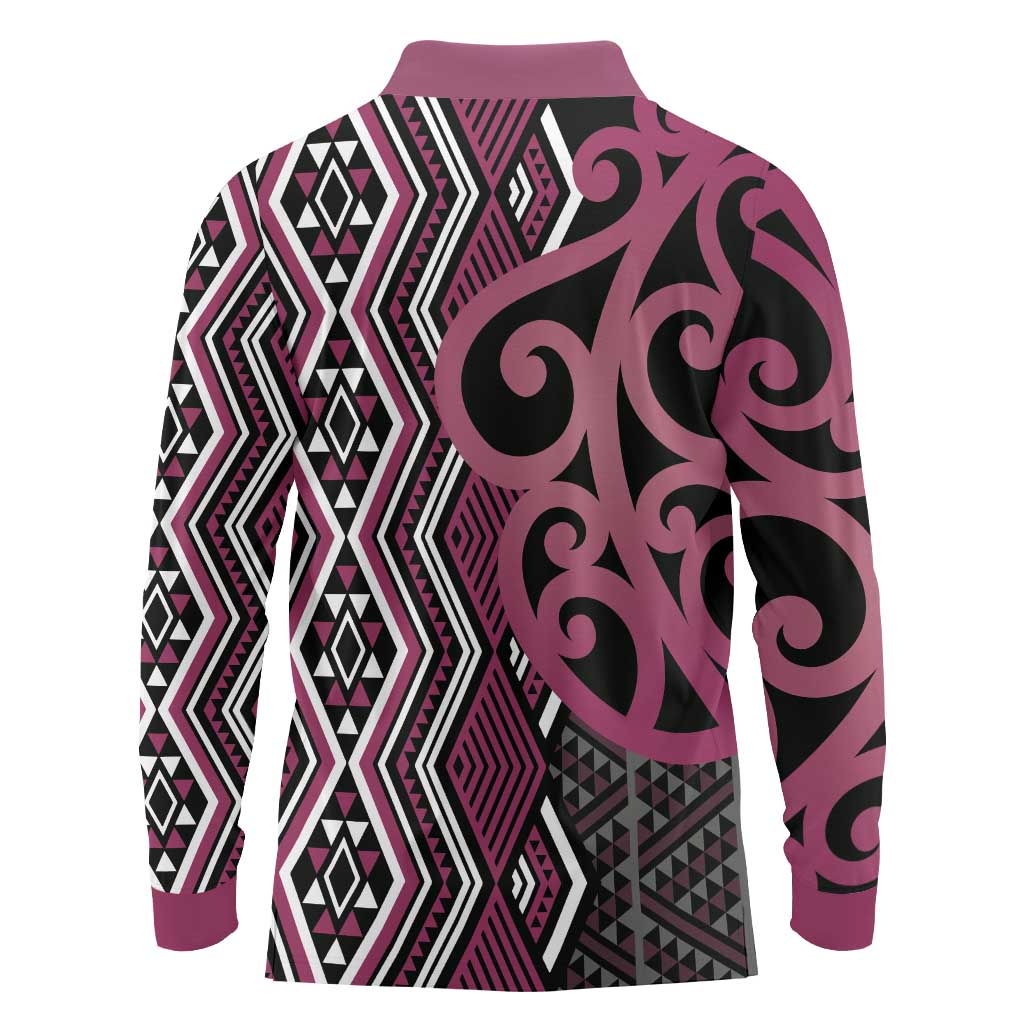 Maori Taniko Patterns Long Sleeve Polo Shirt Pink Patiki Motifs Mix Whakairo Ngaru LT7 - Polynesian Pride