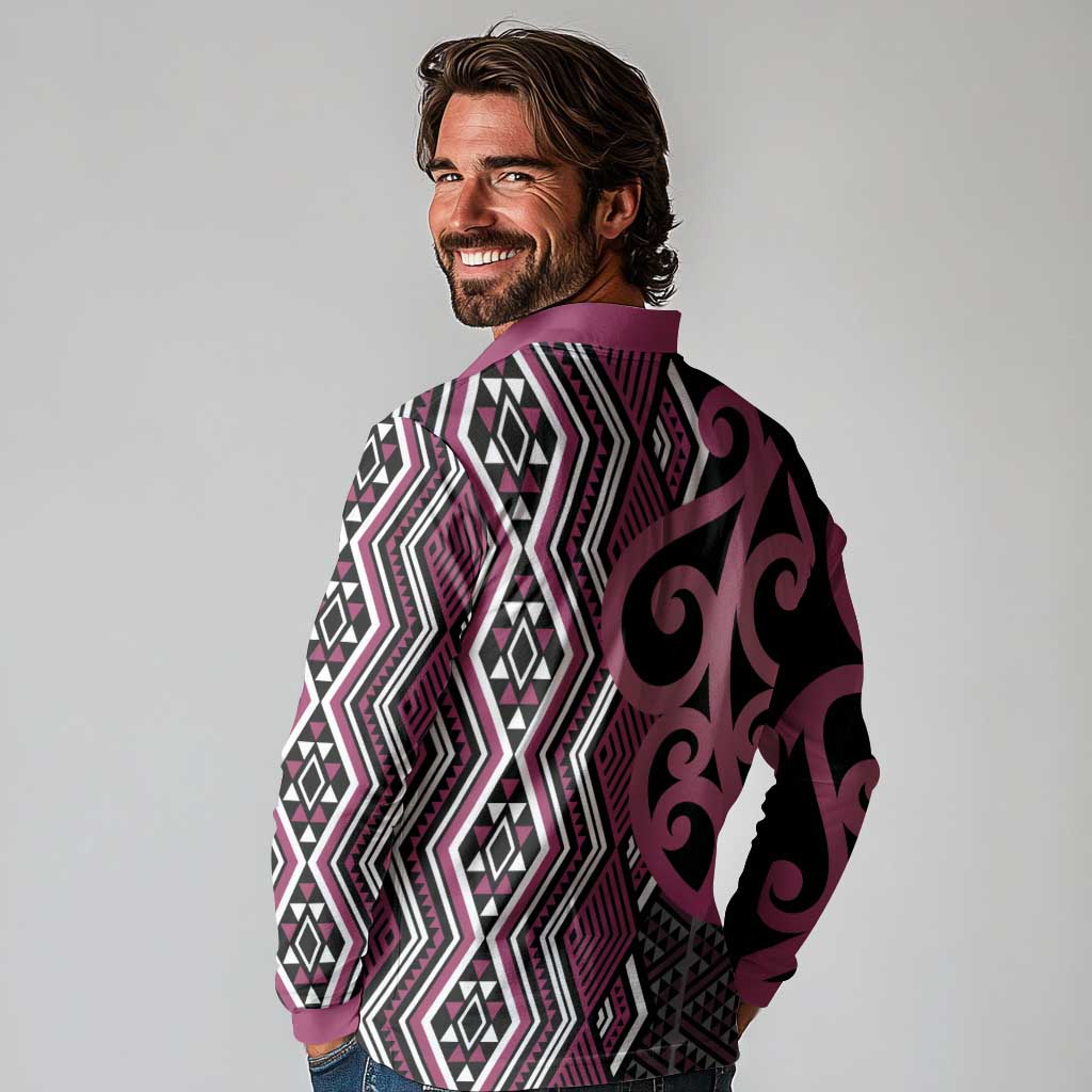 Maori Taniko Patterns Long Sleeve Polo Shirt Pink Patiki Motifs Mix Whakairo Ngaru LT7 - Polynesian Pride