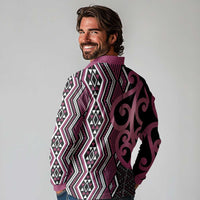 Maori Taniko Patterns Long Sleeve Polo Shirt Pink Patiki Motifs Mix Whakairo Ngaru LT7 - Polynesian Pride