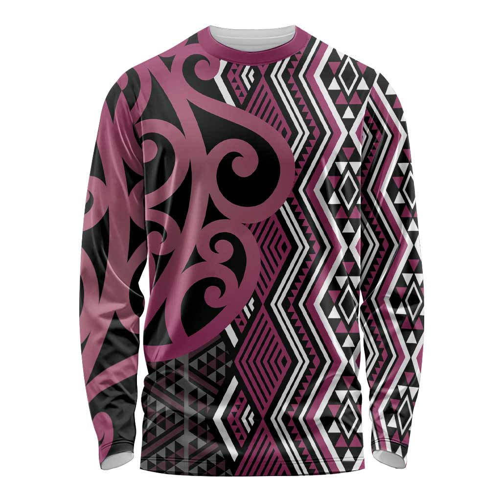Maori Taniko Patterns Long Sleeve Shirt Pink Patiki Motifs Mix Whakairo Ngaru