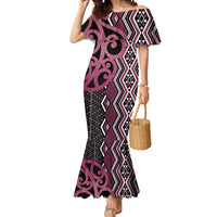 Maori Taniko Patterns Mermaid Dress Pink Patiki Motifs Mix Whakairo Ngaru LT7 Women Pink - Polynesian Pride