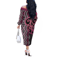Maori Taniko Patterns Off The Shoulder Long Sleeve Dress Pink Patiki Motifs Mix Whakairo Ngaru LT7 - Polynesian Pride