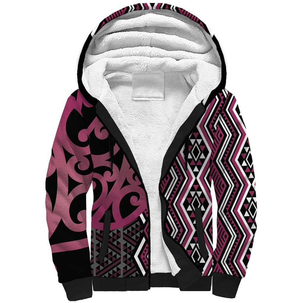 Maori Taniko Patterns Sherpa Hoodie Pink Patiki Motifs Mix Whakairo Ngaru LT7 Unisex Pink - Polynesian Pride