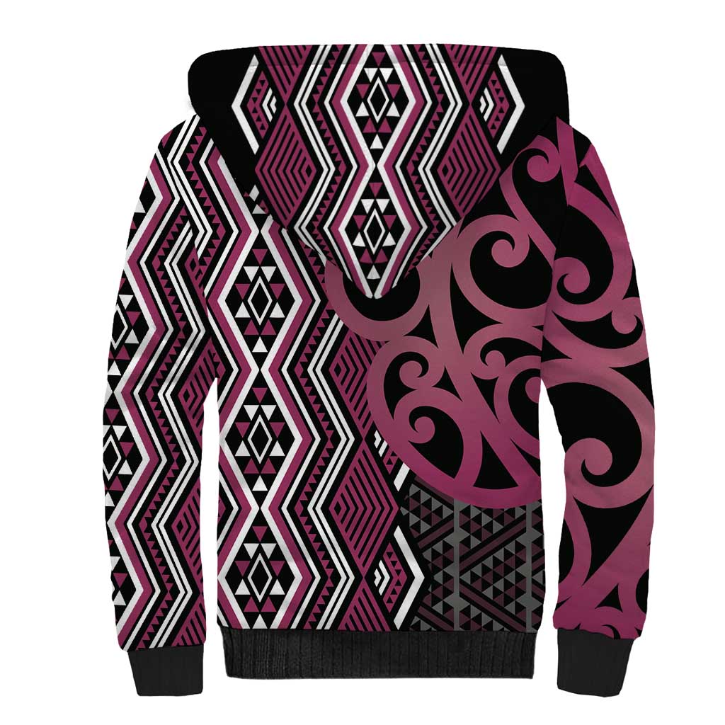 Maori Taniko Patterns Sherpa Hoodie Pink Patiki Motifs Mix Whakairo Ngaru LT7 - Polynesian Pride