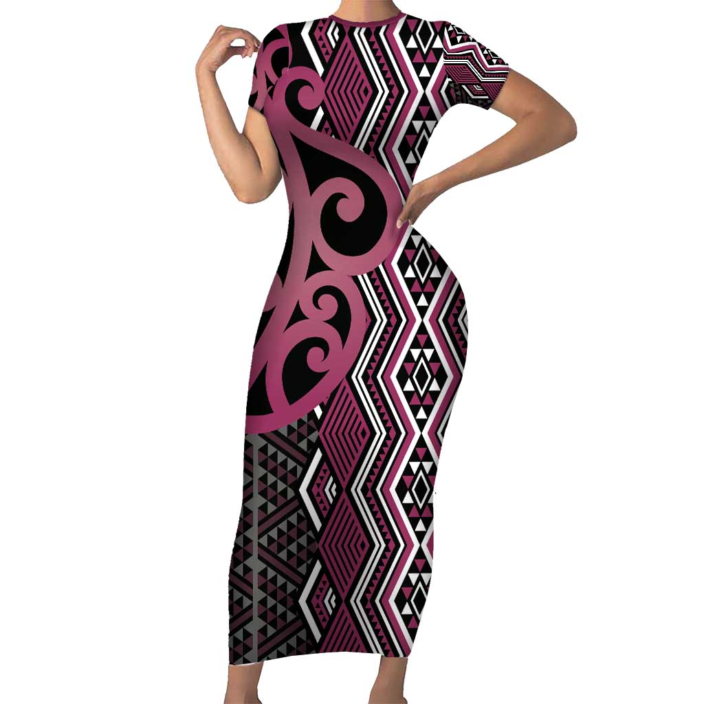 Maori Taniko Patterns Short Sleeve Bodycon Dress Pink Patiki Motifs Mix Whakairo Ngaru LT7 Long Dress Pink - Polynesian Pride