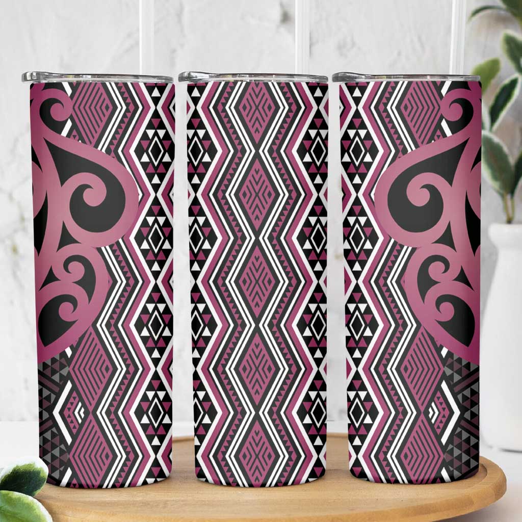 Maori Taniko Patterns Skinny Tumbler Pink Patiki Motifs Mix Whakairo Ngaru LT7 - Polynesian Pride