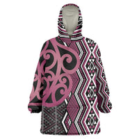 Maori Taniko Patterns Wearable Blanket Hoodie Pink Patiki Motifs Mix Whakairo Ngaru LT7 One Size Pink - Polynesian Pride