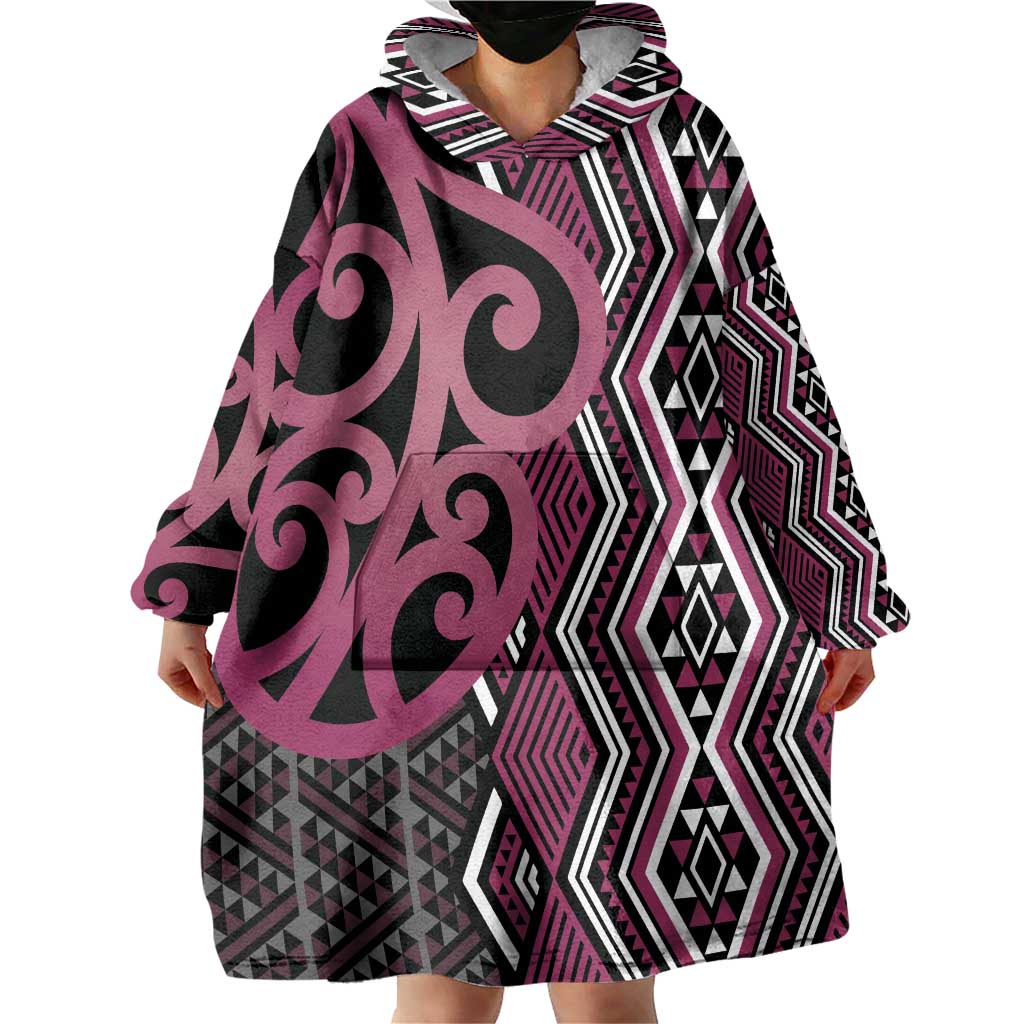 Maori Taniko Patterns Wearable Blanket Hoodie Pink Patiki Motifs Mix Whakairo Ngaru LT7 - Polynesian Pride
