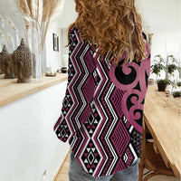 Maori Taniko Patterns Women Casual Shirt Pink Patiki Motifs Mix Whakairo Ngaru LT7 - Polynesian Pride