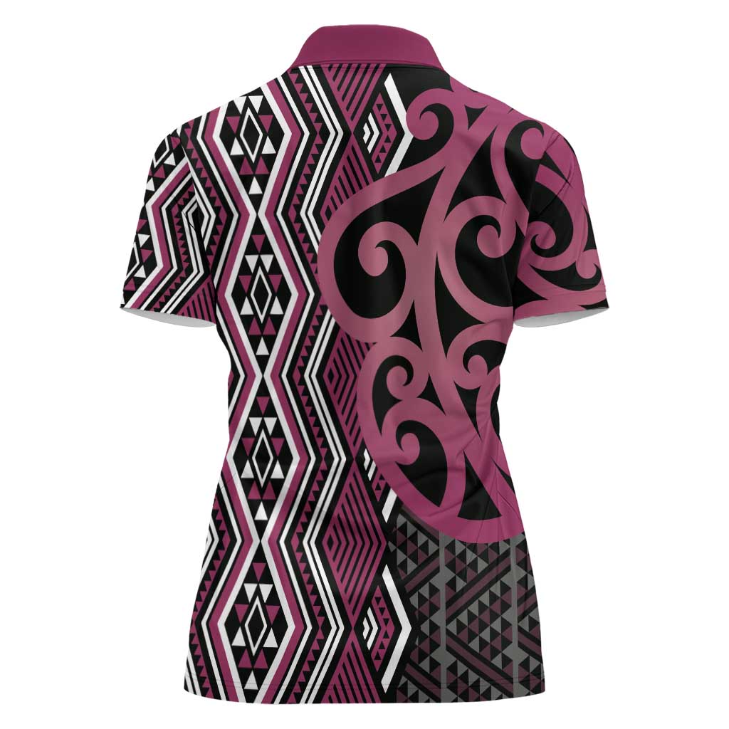 Maori Taniko Patterns Women Polo Shirt Pink Patiki Motifs Mix Whakairo Ngaru