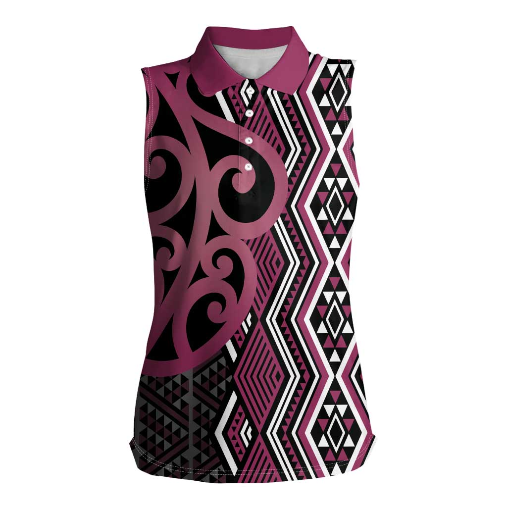 Maori Taniko Patterns Women Sleeveless Polo Shirt Pink Patiki Motifs Mix Whakairo Ngaru LT7 Female Pink - Polynesian Pride