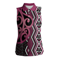 Maori Taniko Patterns Women Sleeveless Polo Shirt Pink Patiki Motifs Mix Whakairo Ngaru LT7 Female Pink - Polynesian Pride