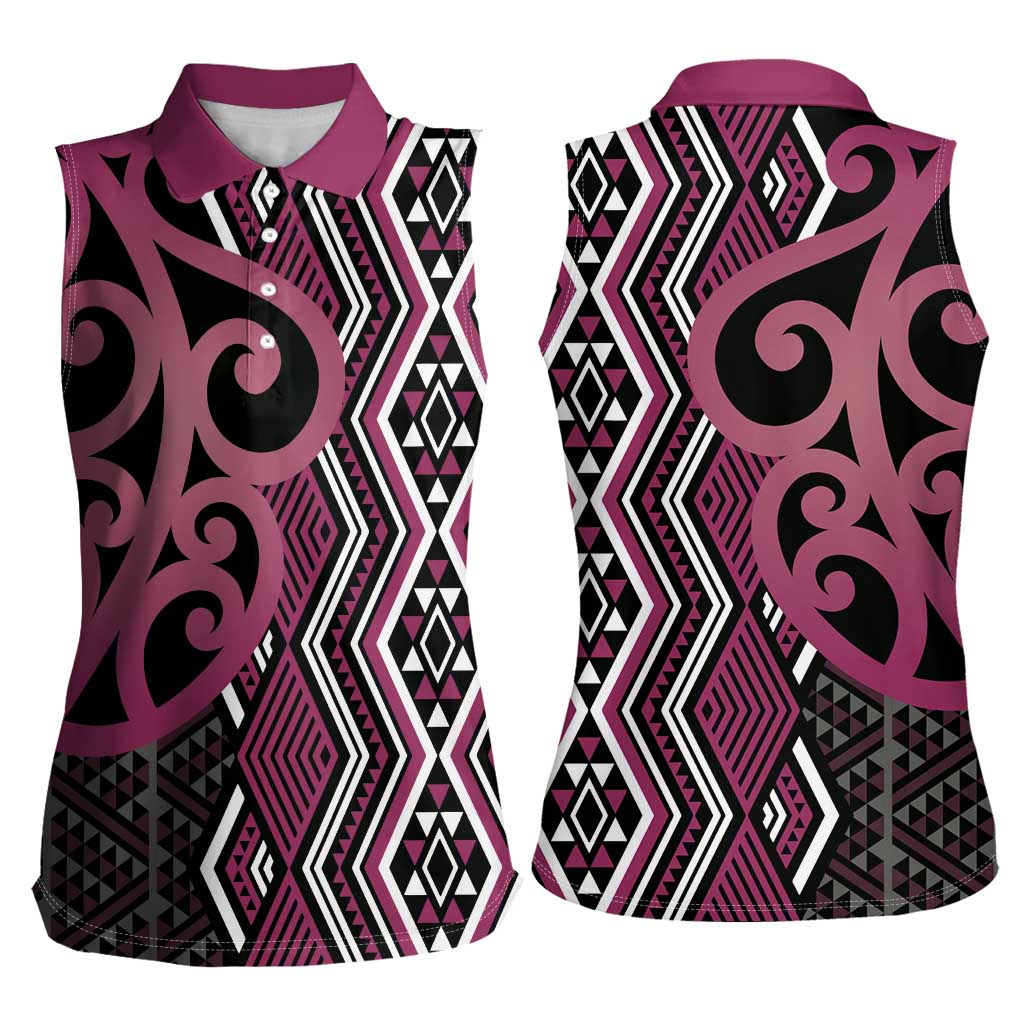 Maori Taniko Patterns Women Sleeveless Polo Shirt Pink Patiki Motifs Mix Whakairo Ngaru LT7 - Polynesian Pride