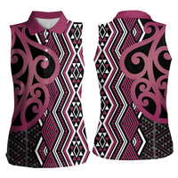 Maori Taniko Patterns Women Sleeveless Polo Shirt Pink Patiki Motifs Mix Whakairo Ngaru LT7 - Polynesian Pride