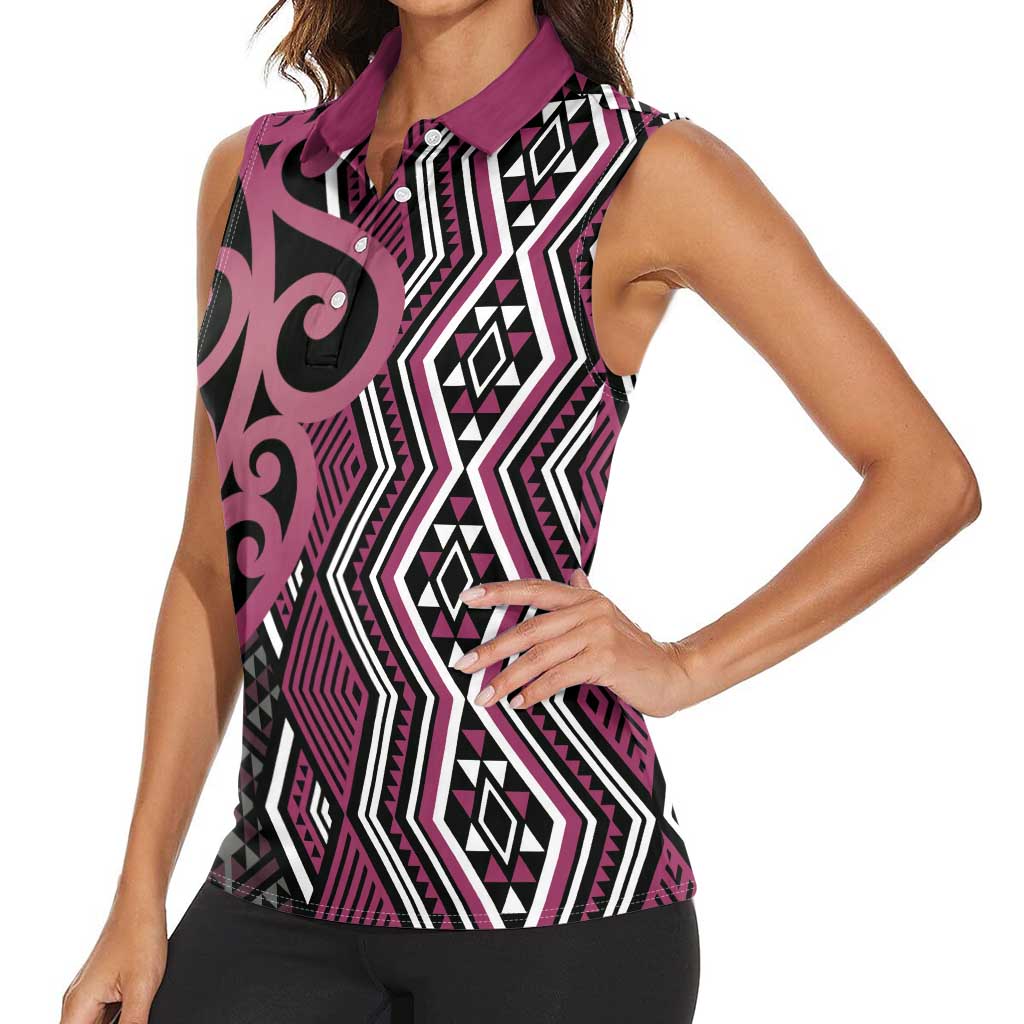 Maori Taniko Patterns Women Sleeveless Polo Shirt Pink Patiki Motifs Mix Whakairo Ngaru LT7 - Polynesian Pride