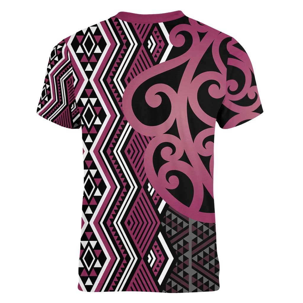 Maori Taniko Patterns Women V-Neck T-Shirt Pink Patiki Motifs Mix Whakairo Ngaru LT7 - Polynesian Pride
