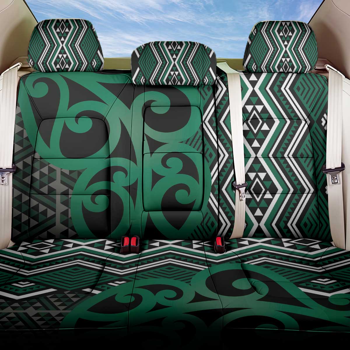 Maori Taniko Patterns Back Car Seat Cover Pounamu Patiki Motifs Mix Whakairo Ngaru LT7 One Size Green - Polynesian Pride
