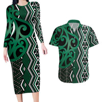 Maori Taniko Patterns Couples Matching Long Sleeve Bodycon Dress and Hawaiian Shirt Pounamu Patiki Motifs Mix Whakairo Ngaru LT7 Green - Polynesian Pride