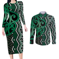 Maori Taniko Patterns Couples Matching Long Sleeve Bodycon Dress and Long Sleeve Button Shirt Pounamu Patiki Motifs Mix Whakairo Ngaru LT7 Green - Polynesian Pride