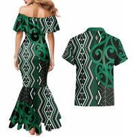 Maori Taniko Patterns Couples Matching Mermaid Dress and Hawaiian Shirt Pounamu Patiki Motifs Mix Whakairo Ngaru LT7 - Polynesian Pride