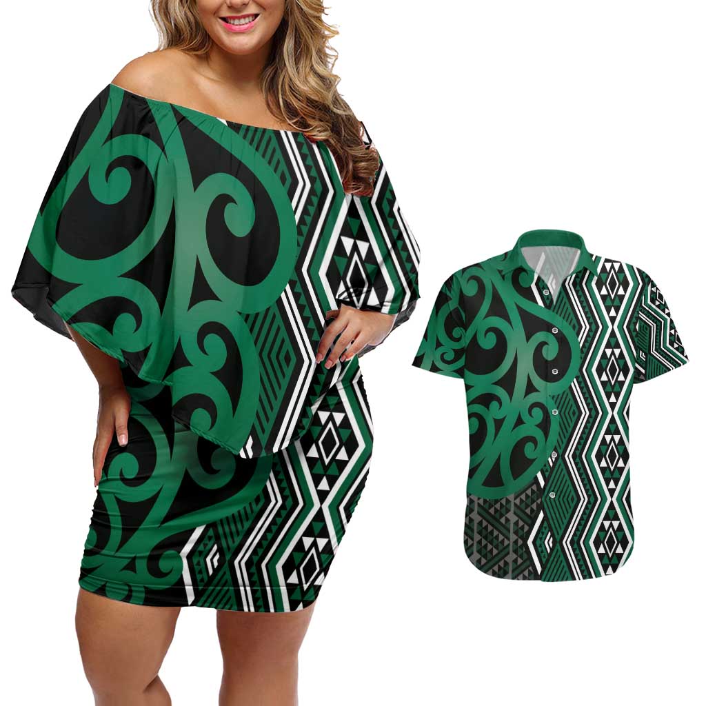 Maori Taniko Patterns Couples Matching Off Shoulder Short Dress and Hawaiian Shirt Pounamu Patiki Motifs Mix Whakairo Ngaru LT7 Green - Polynesian Pride