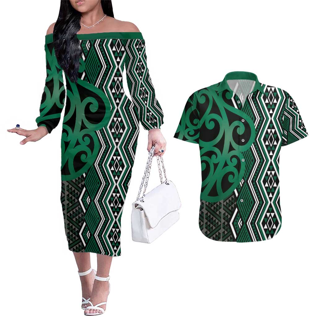 Maori Taniko Patterns Couples Matching Off The Shoulder Long Sleeve Dress and Hawaiian Shirt Pounamu Patiki Motifs Mix Whakairo Ngaru LT7 Green - Polynesian Pride