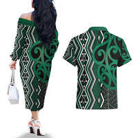 Maori Taniko Patterns Couples Matching Off The Shoulder Long Sleeve Dress and Hawaiian Shirt Pounamu Patiki Motifs Mix Whakairo Ngaru LT7 - Polynesian Pride