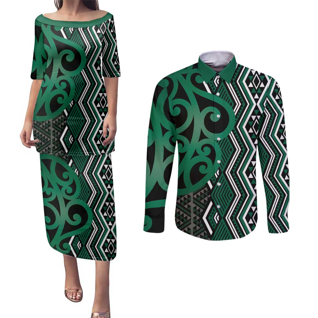 Maori Taniko Patterns Couples Matching Puletasi and Long Sleeve Button Shirt Pounamu Patiki Motifs Mix Whakairo Ngaru LT7 Green - Polynesian Pride