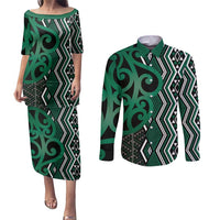 Maori Taniko Patterns Couples Matching Puletasi and Long Sleeve Button Shirt Pounamu Patiki Motifs Mix Whakairo Ngaru LT7 Green - Polynesian Pride