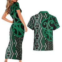 Maori Taniko Patterns Couples Matching Short Sleeve Bodycon Dress and Hawaiian Shirt Pounamu Patiki Motifs Mix Whakairo Ngaru LT7 - Polynesian Pride