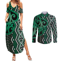 Maori Taniko Patterns Couples Matching Summer Maxi Dress and Long Sleeve Button Shirt Pounamu Patiki Motifs Mix Whakairo Ngaru LT7 Green - Polynesian Pride
